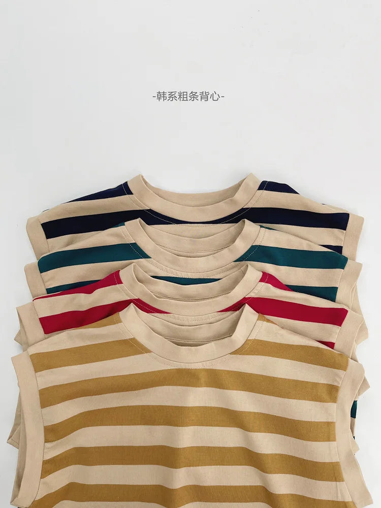 -キッズトップス ノースリーブTシャツ ベスト レトロボーダー 4カラー - mamahalo shop - タンクトップ・キャミソール・ノースリーブトップス -  べビー服 - 子供服 - 男の子 - 女の子
