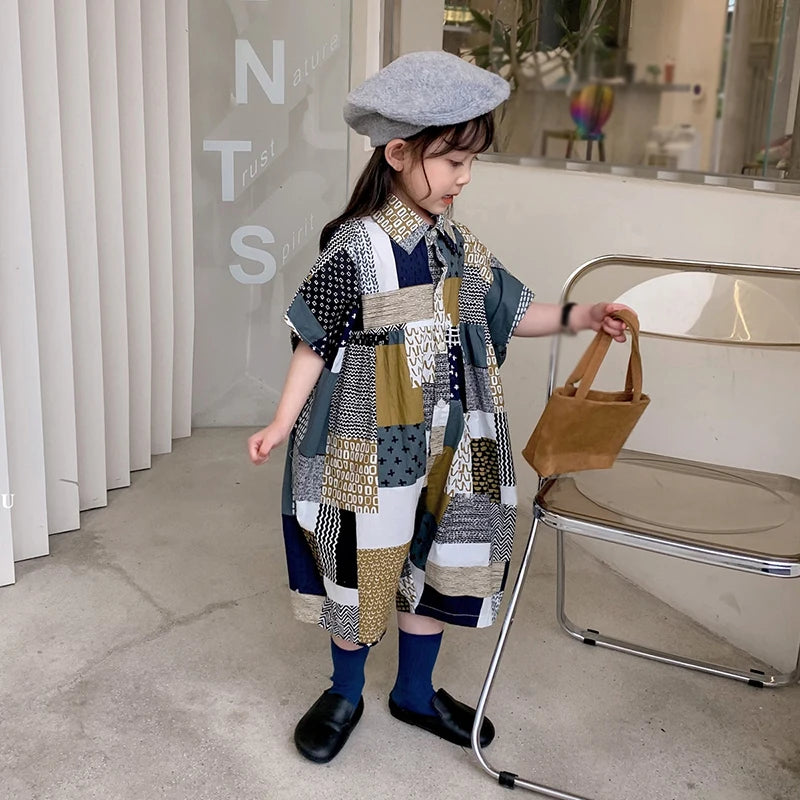 -キッズジャンプスーツ シャツつなぎ チェック パッチワーク ルーズスタイル - mamahalo shop - 半袖ジャンプスーツ -  べビー服 - 子供服 - 男の子 - 女の子
