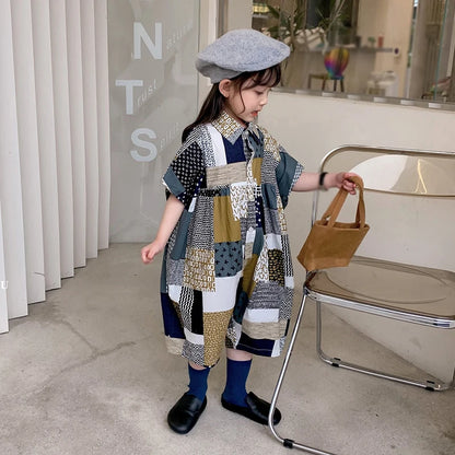 -キッズジャンプスーツ シャツつなぎ チェック パッチワーク ルーズスタイル - mamahalo shop - 半袖ジャンプスーツ -  べビー服 - 子供服 - 男の子 - 女の子