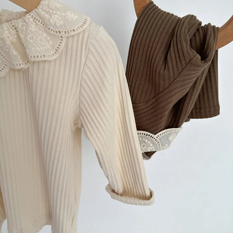 -キッズトップス 長袖Tシャツ レース襟カットソー ベージュ/コーヒー/2カラー【mh0004097】 - mamahalo shop - 長袖Tシャツ -  べビー服 - 子供服 - 男の子 - 女の子