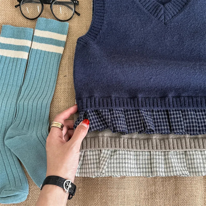 -キッズベスト ニットVネックベスト チェックプリーツペプラム 2カラー - mamahalo shop - ベスト -  べビー服 - 子供服 - 男の子 - 女の子