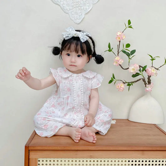 -ベビーロンパース 半袖フリルジャンプスーツ フラワー花柄プリント ヘアバンドセット【mh0005321】 - mamahalo shop - 半袖ロンパース -  べビー服 - 子供服 - 男の子 - 女の子