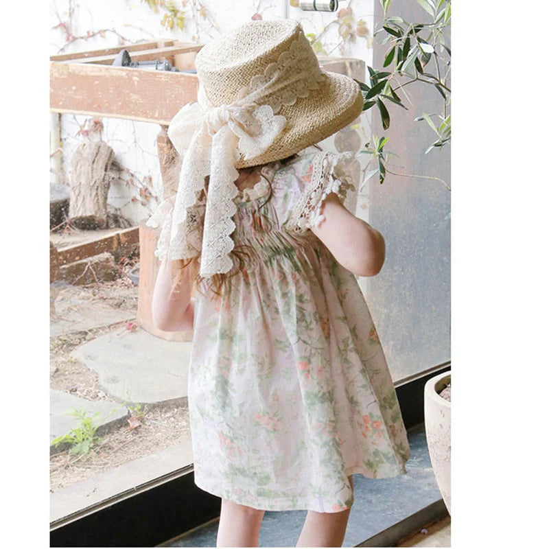 -キッズワンピース 半袖レースフリルスリーブ サマードレス フラワー花柄プリント【mh0005828】 - mamahalo shop - 半袖ワンピース -  べビー服 - 子供服 - 男の子 - 女の子