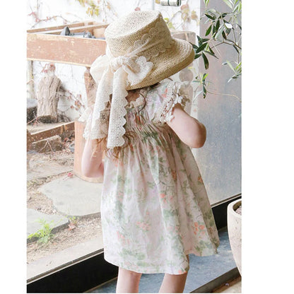 -キッズワンピース 半袖レースフリルスリーブ サマードレス フラワー花柄プリント【mh0005828】 - mamahalo shop - 半袖ワンピース -  べビー服 - 子供服 - 男の子 - 女の子