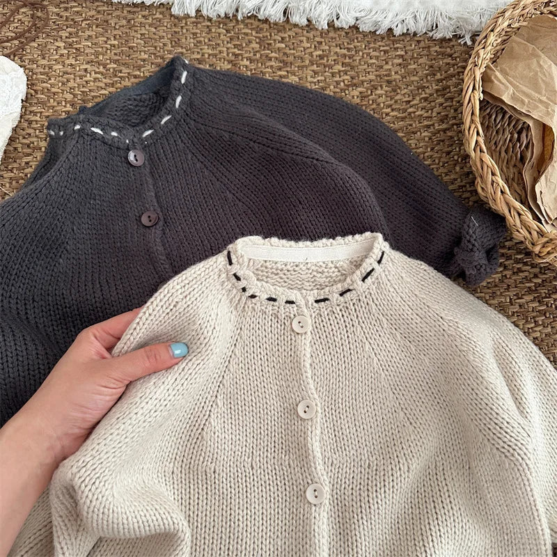 -キッズカーディガン ステッチアクセントざっくりニットジャケット 2カラー - mamahalo shop - カーディガン・パーカー -  べビー服 - 子供服 - 男の子 - 女の子