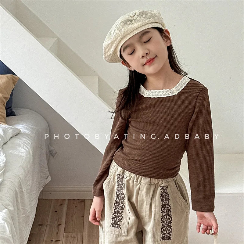 -キッズトップス レーススクエアネック 長袖Tシャツ カットソー 3カラー - mamahalo shop - 長袖Tシャツ -  べビー服 - 子供服 - 男の子 - 女の子