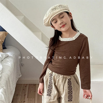 -キッズトップス レーススクエアネック 長袖Tシャツ カットソー 3カラー - mamahalo shop - 長袖Tシャツ -  べビー服 - 子供服 - 男の子 - 女の子