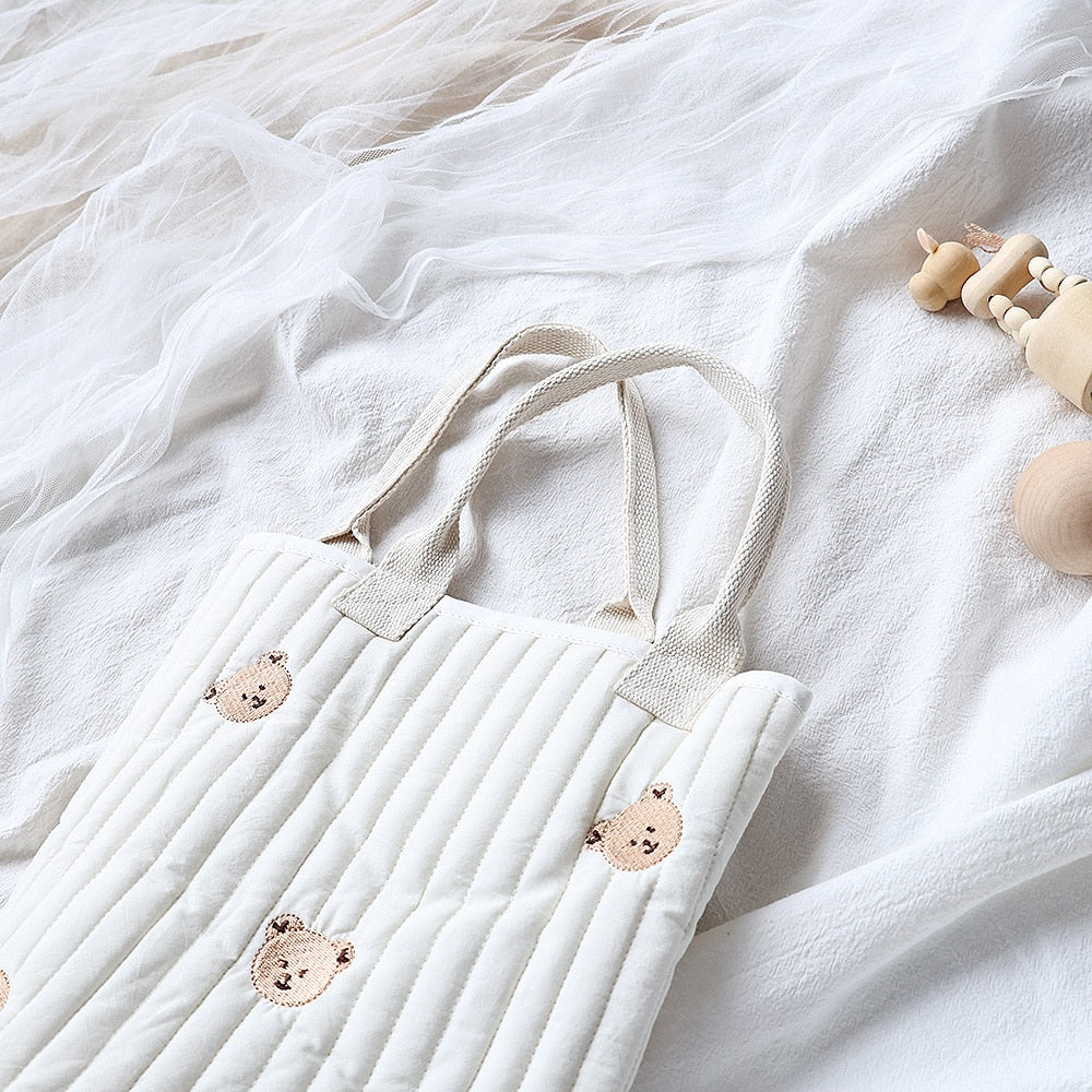 -キルティング 刺繍 バケツ バック ママバッグ くま オリーブ チューリップ - mamahalo shop - マザーズバッグ -  べビー服 - 子供服 - 男の子 - 女の子