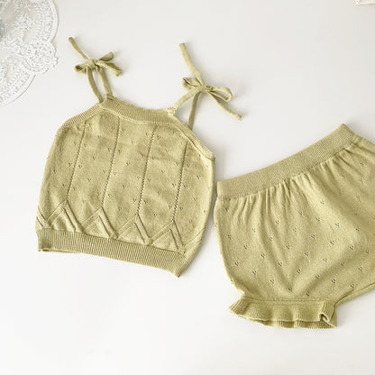 -ベビー キッズ レースニット セットアップ キャミソール トップス フリル ブルマパンツ ショートパンツ ベージュ イエローグリーン ガールズ - mamahalo shop - ノースリーブセットアップ -  べビー服 - 子供服 - 男の子 - 女の子