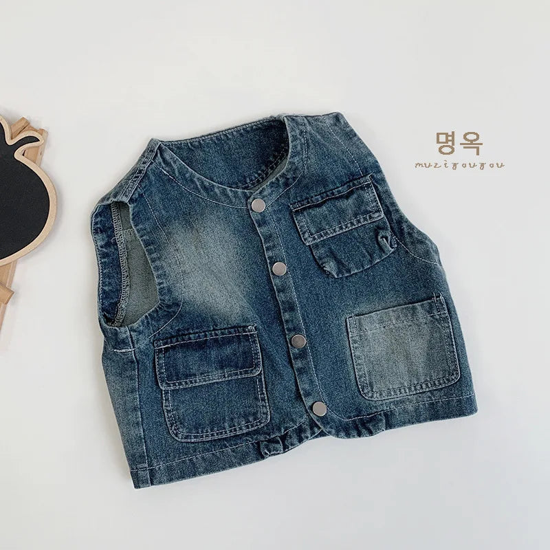 -キッズベスト マルチポケットデニムベストジャケット - mamahalo shop - ベスト -  べビー服 - 子供服 - 男の子 - 女の子