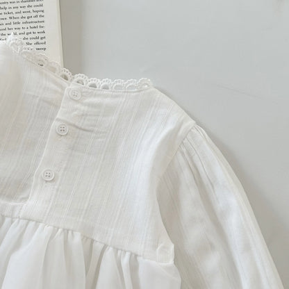 -ベビーロンパース 長袖スカートボディスーツ レース スワンワンポイント ホワイト - mamahalo shop - 長袖ロンパース -  べビー服 - 子供服 - 男の子 - 女の子