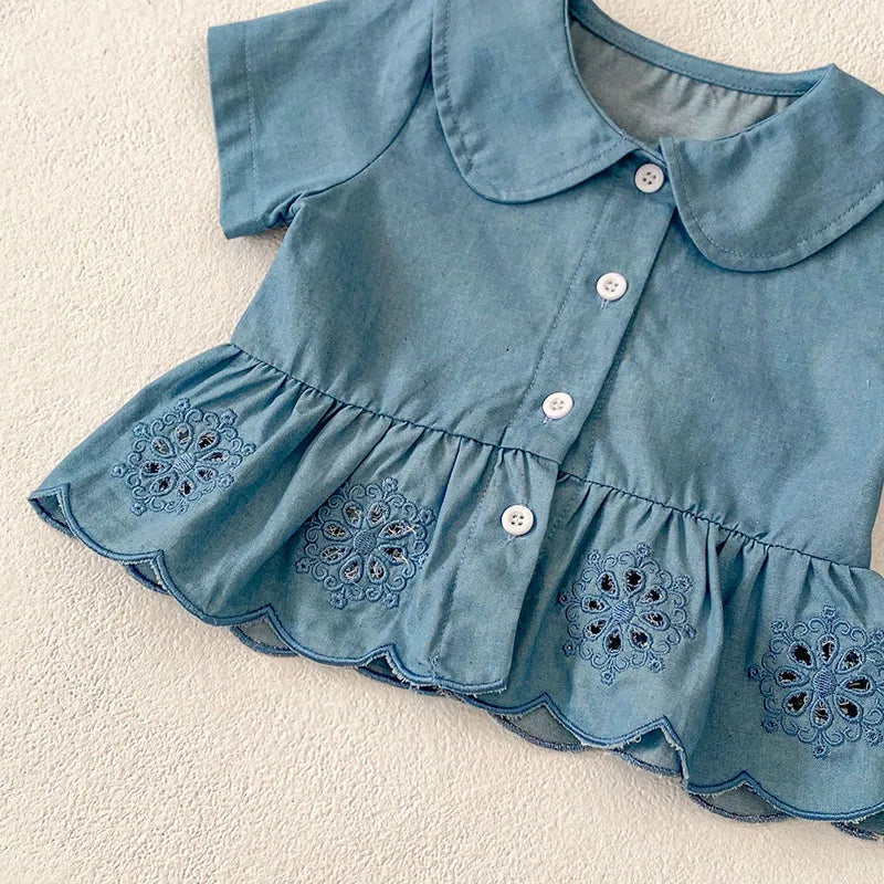 -ベビーセットアップ 2点セット 半袖ペプラムブラウス+ブルマパンツ ブルー【mh0006265】 - mamahalo shop - 半袖セットアップ -  べビー服 - 子供服 - 男の子 - 女の子