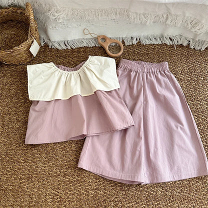 -キッズセットアップ 2点セット ノースリーブビッグ襟ブラウス+ワイドルーズパンツ【mh0005307】 - mamahalo shop - ノースリーブセットアップ -  べビー服 - 子供服 - 男の子 - 女の子