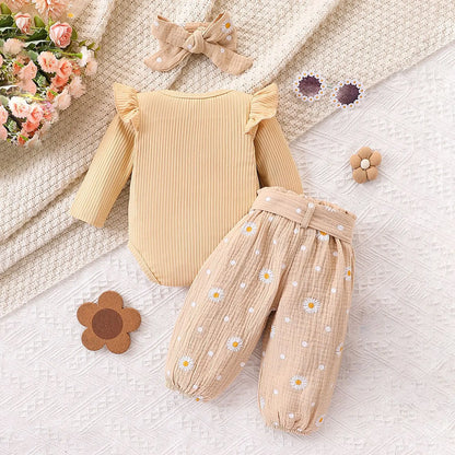 -ベビーセットアップ 3点セット ショルダーフリル長袖ロンパース+リボンレトロフラワーロングパンツ+リボンヘアバンド 4カラー - mamahalo shop - ロンパースセットアップ -  べビー服 - 子供服 - 男の子 - 女の子