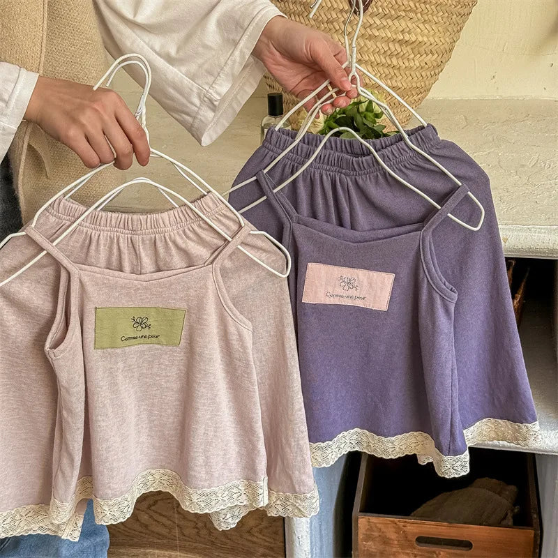 -キッズセットアップ 2点セット キャミソールトップス+クロップドパンツ レース 2カラー - mamahalo shop - ノースリーブセットアップ -  べビー服 - 子供服 - 男の子 - 女の子