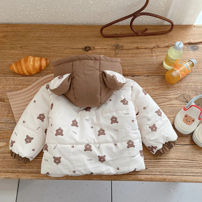 -キッズ ショートジャケット アウター コート くま耳フーディ フード付き ベージュ ブラウン ユニセックス 男の子 女の子 子供服 - mamahalo shop - ショートコート・ジャケット・ジャンパー -  べビー服 - 子供服 - 男の子 - 女の子