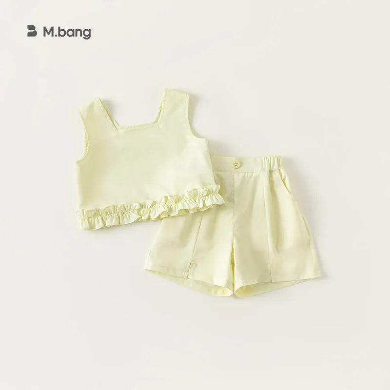 -キッズセットアップ 2点セット ノースリーブ裾フリルブラウス+スリットショートパンツ 2カラー【mh0005244】 - mamahalo shop - ノースリーブセットアップ -  べビー服 - 子供服 - 男の子 - 女の子