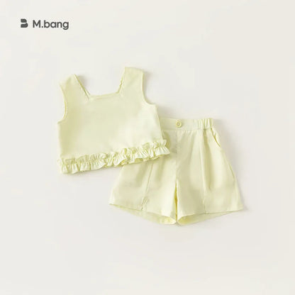 -キッズセットアップ 2点セット ノースリーブ裾フリルブラウス+スリットショートパンツ 2カラー【mh0005244】 - mamahalo shop - ノースリーブセットアップ -  べビー服 - 子供服 - 男の子 - 女の子