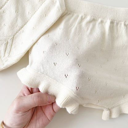 -ベビー キッズ レースニット セットアップ キャミソール トップス フリル ブルマパンツ ショートパンツ ベージュ イエローグリーン ガールズ - mamahalo shop - ノースリーブセットアップ -  べビー服 - 子供服 - 男の子 - 女の子