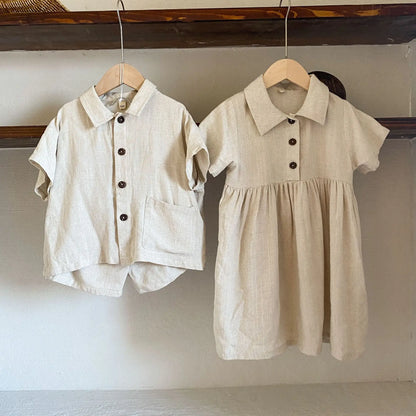 -キッズセットアップ 2点セット/ワンピース ボーイズ半袖シャツ+ショートパンツ/ガールズ半袖ワンピース ナチュラル コットンリネン リンクコーデ 兄弟姉妹 お揃いコーデ - mamahalo shop - 半袖セットアップ -  べビー服 - 子供服 - 男の子 - 女の子