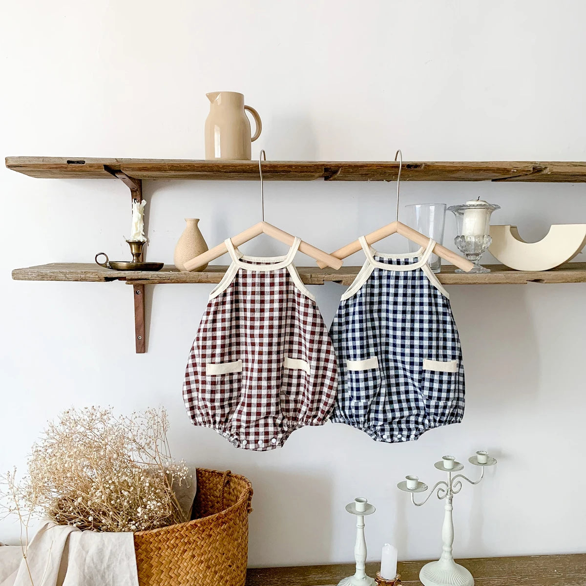 -☺︎ ベビーロンパース キャミソールポケットボディースーツ チェック 2カラー - mamahalo shop - ノースリーブロンパース -  べビー服 - 子供服 - 男の子 - 女の子