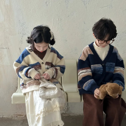 -キッズカーディガン カラフルボーダーVネックニットジャケット 2カラー - mamahalo shop - カーディガン・パーカー -  べビー服 - 子供服 - 男の子 - 女の子