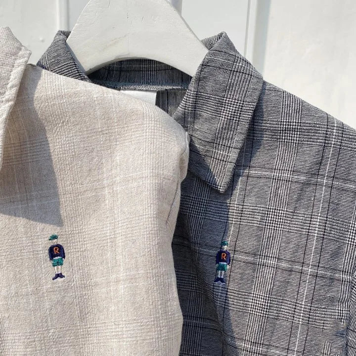 -ベビーセットアップ 2点セット 半袖シャツ+ショートパンツ グレンチェック ベアくま刺繍 2カラー - mamahalo shop - 半袖セットアップ -  べビー服 - 子供服 - 男の子 - 女の子