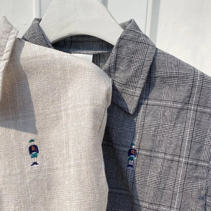 -ベビーセットアップ 2点セット 半袖シャツ+ショートパンツ グレンチェック ベアくま刺繍 2カラー - mamahalo shop - 半袖セットアップ -  べビー服 - 子供服 - 男の子 - 女の子