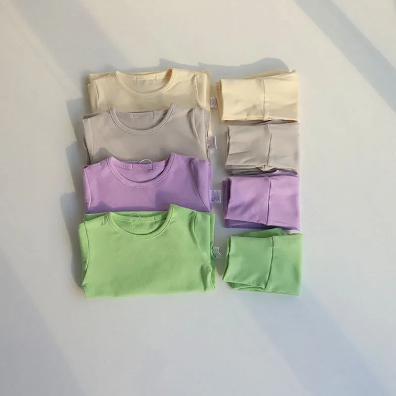 -☺︎ ベビーセットアップ 2点セット 長袖Tシャツ+ハイウェストパンツ シンプルベーシック パジャマ 4カラー - mamahalo shop - 長袖セットアップ -  べビー服 - 子供服 - 男の子 - 女の子