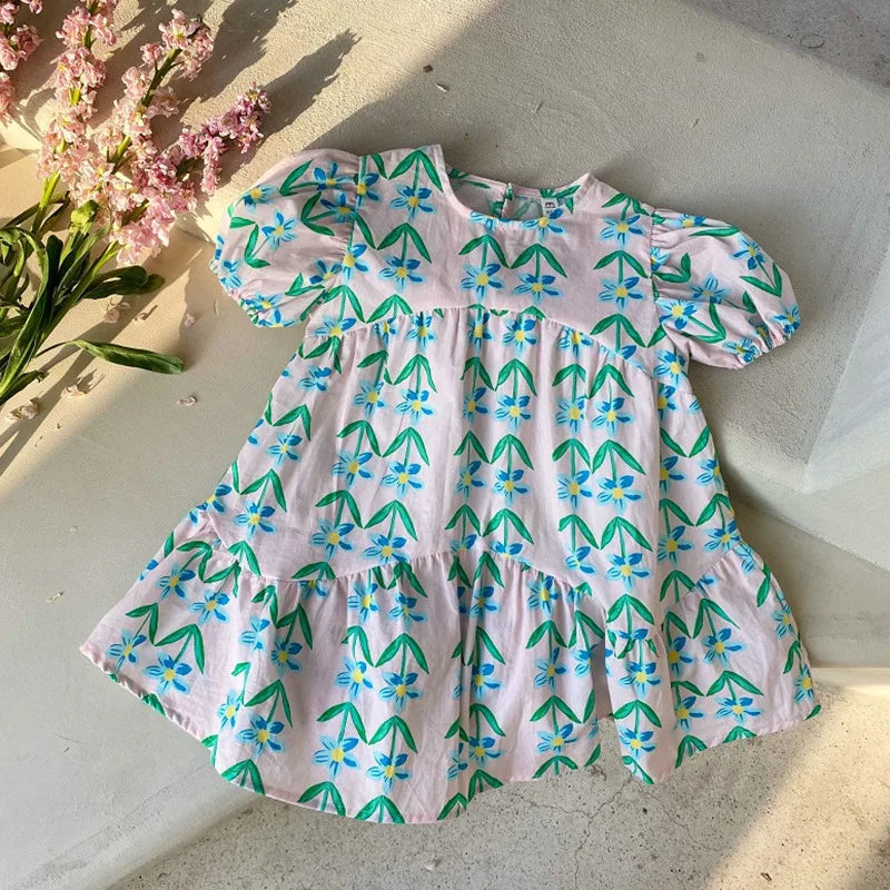 -キッズワンピース 半袖パフスリーブワンピース フラワー花柄プリント 2カラー【mh0005712】 - mamahalo shop - 半袖ワンピース -  べビー服 - 子供服 - 男の子 - 女の子