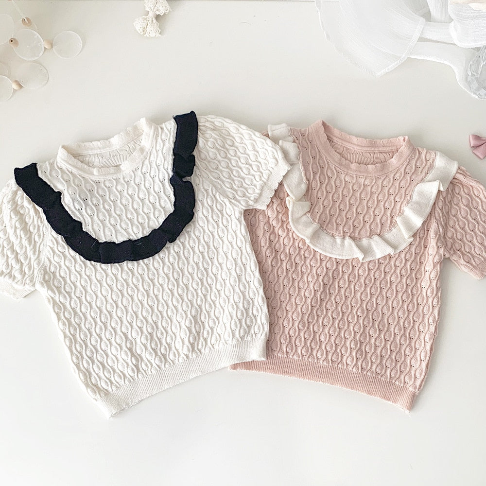 -キッズ ニット バックオープン 半袖 Tシャツ ブラウス カットソー ホワイト ピンク ガールズ - mamahalo shop - ニット・セーター -  べビー服 - 子供服 - 男の子 - 女の子