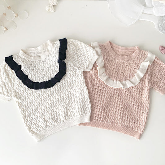 -キッズ ニット バックオープン 半袖 Tシャツ ブラウス カットソー ホワイト ピンク ガールズ - mamahalo shop - ニット・セーター -  べビー服 - 子供服 - 男の子 - 女の子