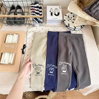 -キッズ レギンスパンツ プリントロゴ アプリコット ダークグレー ブルー 3カラー ユニセックス 男の子 女の子 子供服 - mamahalo shop - レギンスパンツ -  べビー服 - 子供服 - 男の子 - 女の子