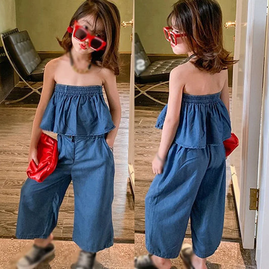 -キッズセットアップ 2点セット デニム オフショルダートップス+ルーズクロップドパンツ【mh0005758】 - mamahalo shop - ノースリーブセットアップ -  べビー服 - 子供服 - 男の子 - 女の子