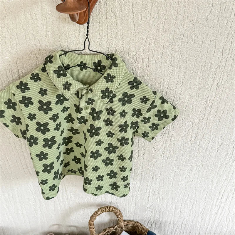 -キッズトップス 半袖ポロシャツ レトロフラワープリント 2カラー【mh0005445】 - mamahalo shop - 半袖シャツ・ブラウス -  べビー服 - 子供服 - 男の子 - 女の子