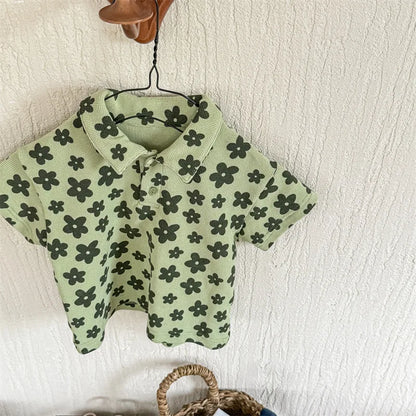 -キッズトップス 半袖ポロシャツ レトロフラワープリント 2カラー【mh0005445】 - mamahalo shop - 半袖シャツ・ブラウス -  べビー服 - 子供服 - 男の子 - 女の子