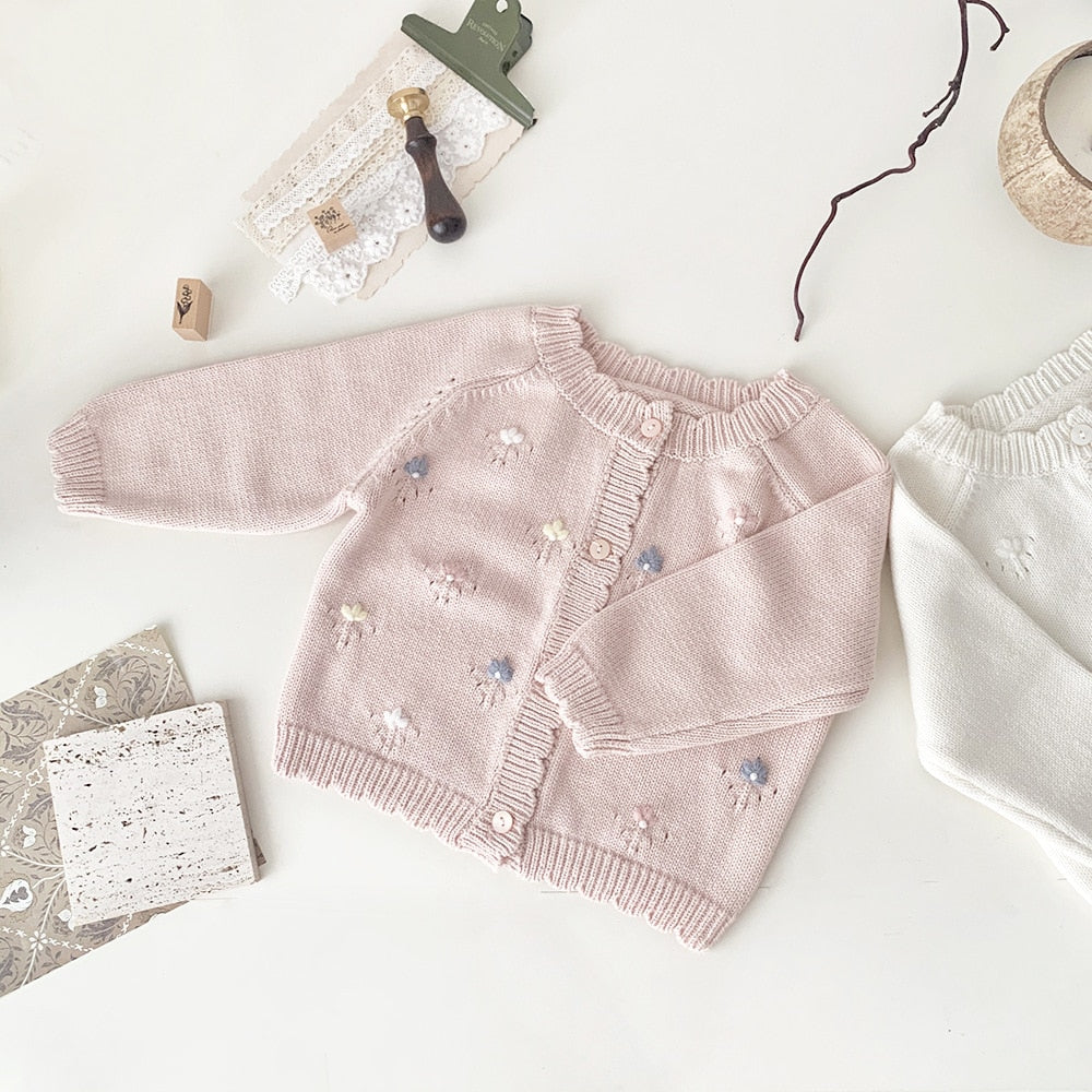 -ベビー キッズ ニットカーディガン ジャケット フラワー 花柄 刺繍 アイボリー ピンク 2カラー ガールズ 女の子 子供服 - mamahalo shop - カーディガン・パーカー -  べビー服 - 子供服 - 男の子 - 女の子