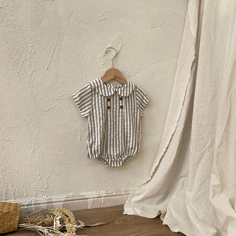 -ベビーロンパース 半袖丸襟ボディスーツ 無地/ストライプ 2カラー【mh0006052】 - mamahalo shop - 半袖ロンパース -  べビー服 - 子供服 - 男の子 - 女の子