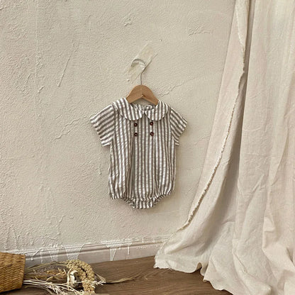 -ベビーロンパース 半袖丸襟ボディスーツ 無地/ストライプ 2カラー【mh0006052】 - mamahalo shop - 半袖ロンパース -  べビー服 - 子供服 - 男の子 - 女の子