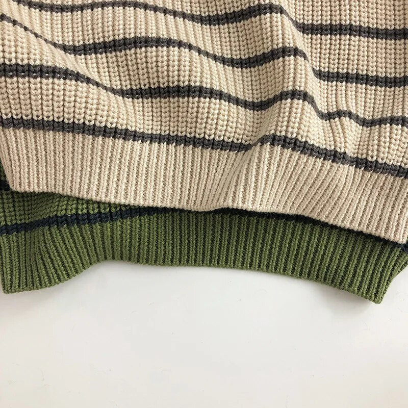 -キッズセーター ハーフジップスタンドカラープルオーバー ニット ボーダー アプリコット グリーン 2カラー ボーイズ 男の子 子供服 - mamahalo shop - ニット・セーター -  べビー服 - 子供服 - 男の子 - 女の子