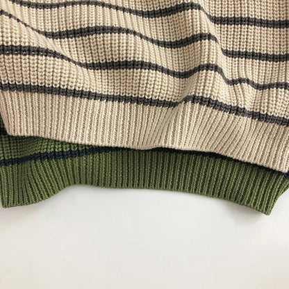 -キッズセーター ハーフジップスタンドカラープルオーバー ニット ボーダー アプリコット グリーン 2カラー ボーイズ 男の子 子供服 - mamahalo shop - ニット・セーター -  べビー服 - 子供服 - 男の子 - 女の子