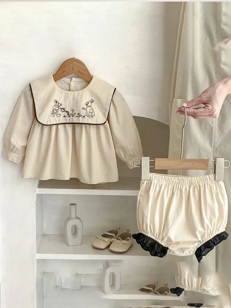 -ベビーキッズセットアップ 2点セット うさぎ刺繍襟長袖チュニックブラウス+ブルマパンツ カーキ【mh0006995】 - mamahalo shop - 長袖セットアップ -  べビー服 - 子供服 - 男の子 - 女の子