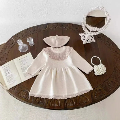 -ベビーキッズ レースラッフルカラーニット長袖ワンピース 2カラー - mamahalo shop - 長袖ワンピース -  べビー服 - 子供服 - 男の子 - 女の子