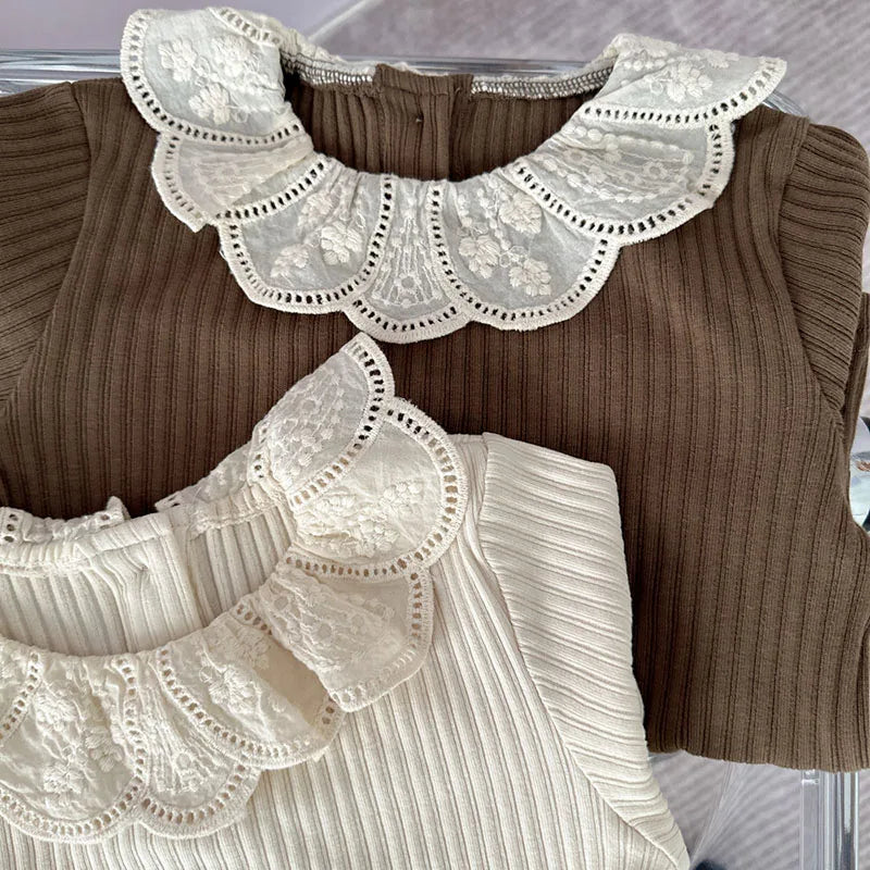 -キッズトップス 長袖Tシャツ レース襟カットソー ベージュ/コーヒー/2カラー【mh0004097】 - mamahalo shop - 長袖Tシャツ -  べビー服 - 子供服 - 男の子 - 女の子