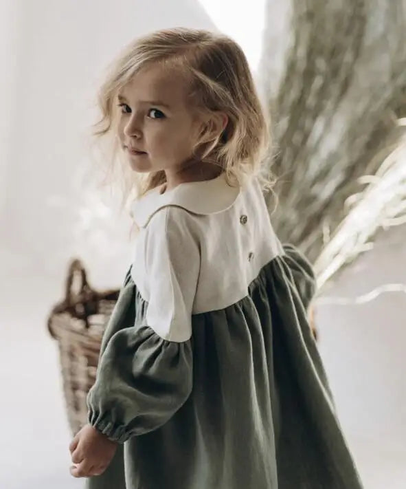 -キッズワンピース 長袖切り替えワンピース 丸襟 ブラウン/グリーン/2カラー - mamahalo shop - 長袖ワンピース -  べビー服 - 子供服 - 男の子 - 女の子