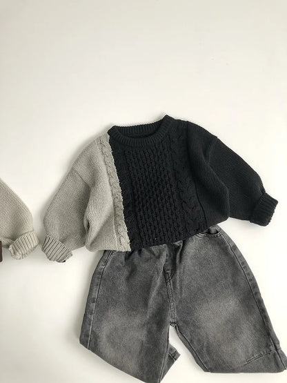 -キッズトップス バイカラーパッチワークニットセーター 2カラー【mh0006916】 - mamahalo shop - ニット・セーター -  べビー服 - 子供服 - 男の子 - 女の子