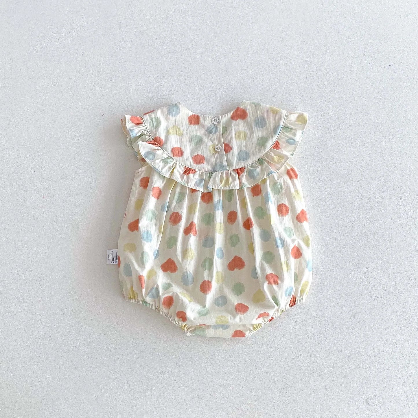 -ベビーロンパース ノースリーブ フリルボディスーツ 水玉ドットハートプリント【mh0006544】 - mamahalo shop - ノースリーブロンパース -  べビー服 - 子供服 - 男の子 - 女の子