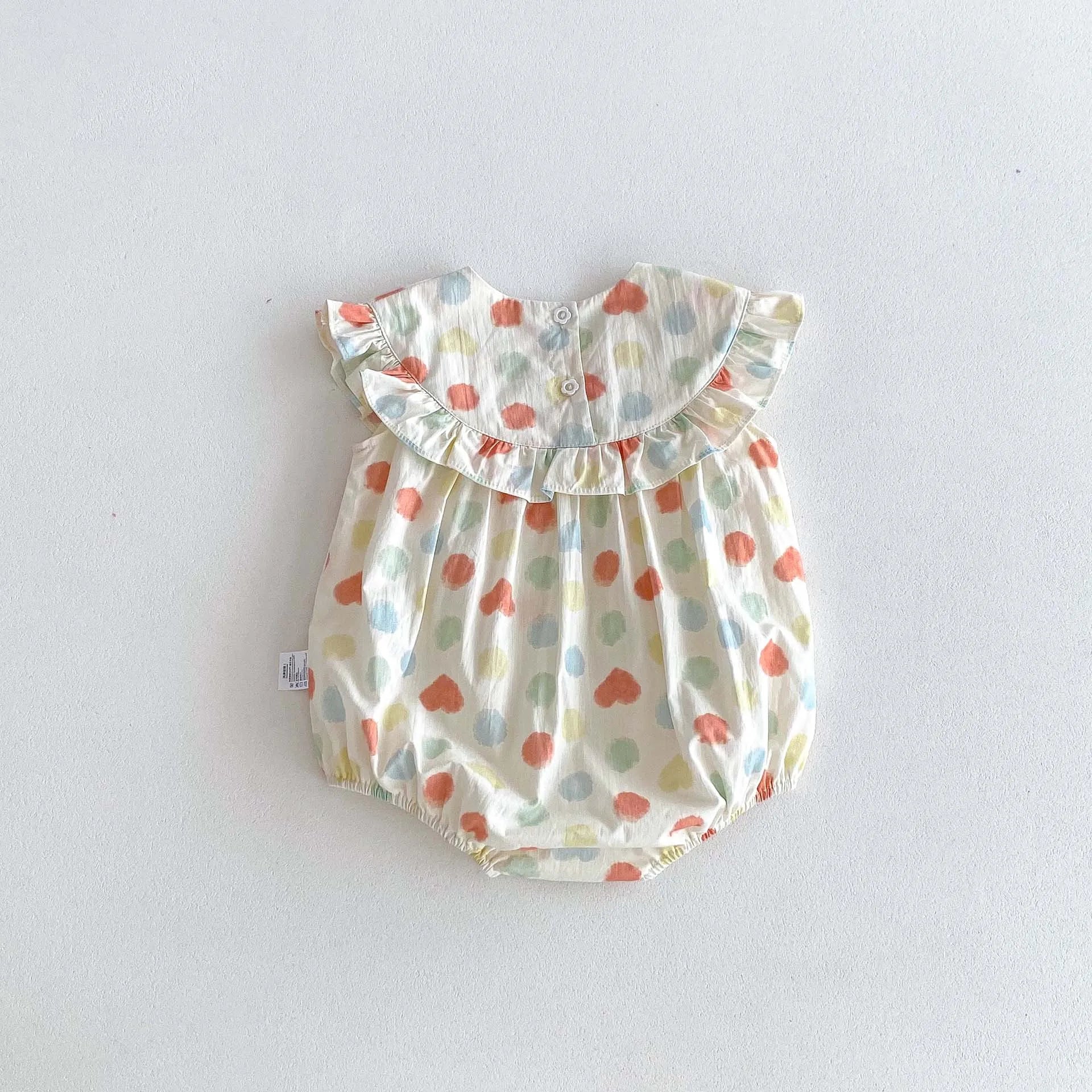 -ベビーロンパース ノースリーブ フリルボディスーツ 水玉ドットハートプリント【mh0006544】 - mamahalo shop - ノースリーブロンパース -  べビー服 - 子供服 - 男の子 - 女の子