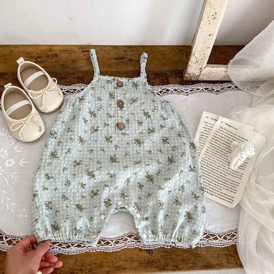 -☺︎ ベビージャンプスーツ キャミソールボディスーツ チェックフラワー花柄プリント - mamahalo shop - ノースリーブジャンプスーツ -  べビー服 - 子供服 - 男の子 - 女の子