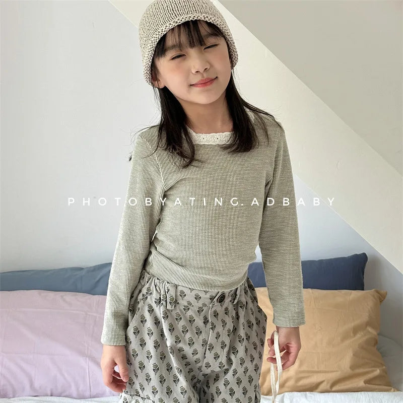 -キッズトップス レーススクエアネック 長袖Tシャツ カットソー 3カラー - mamahalo shop - 長袖Tシャツ -  べビー服 - 子供服 - 男の子 - 女の子